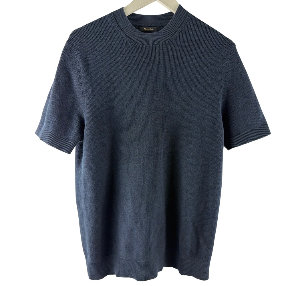 Massimo Dutti Extrafine Cotton Short Sleeve Ribbed Knit Sweater Navy Blue Mens S